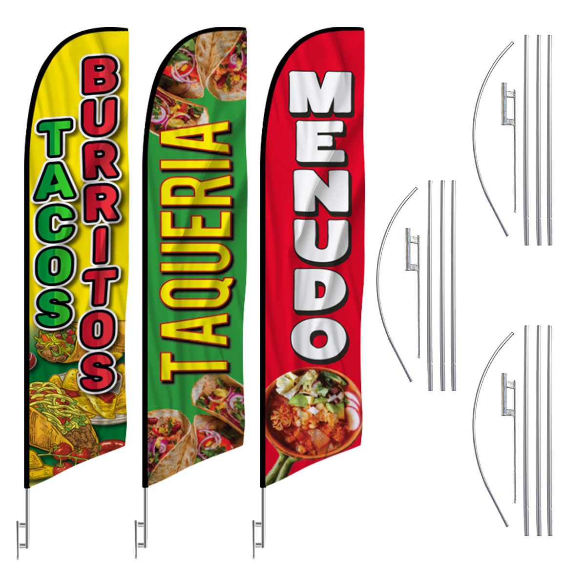 Tacos Burritos, Taqueria and Menudo Feather Flags - 3-Pack with Hardware Kit