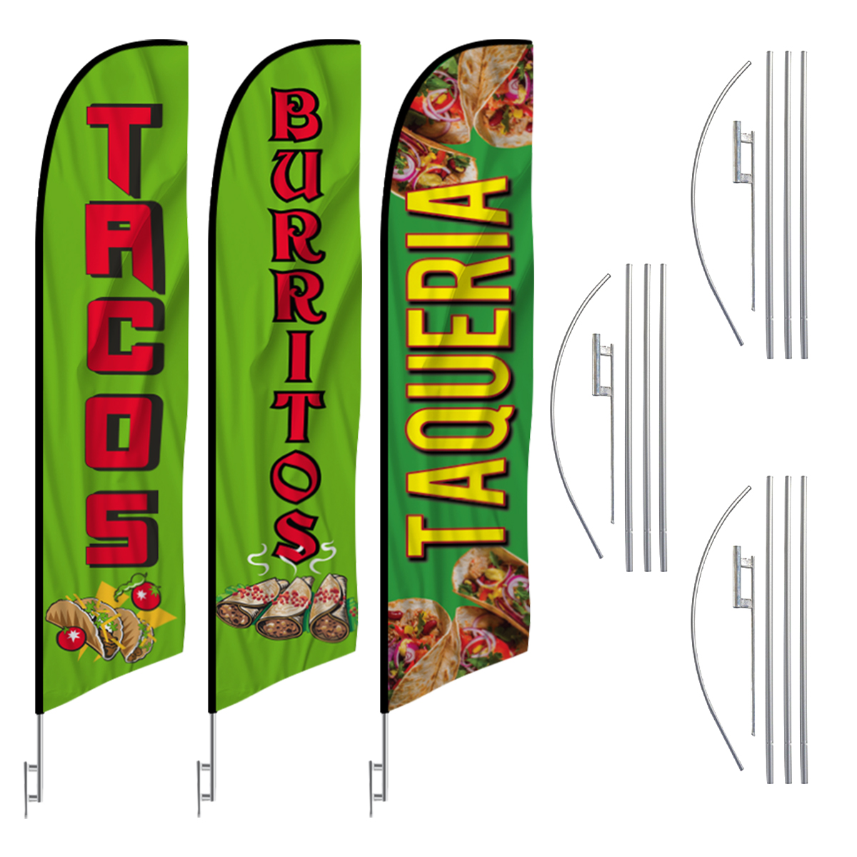 Tacos, Burritos, and Taqueria Feather Flags - 3-Pack with Hardware Kit