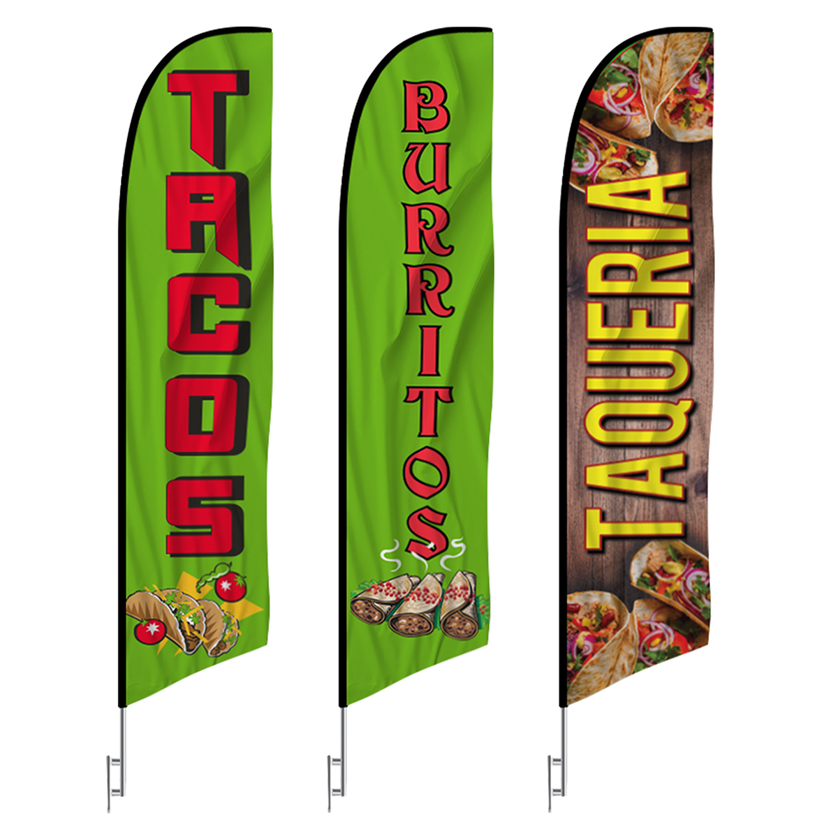 3-pack feather flags featuring bold Tacos, Burritos, and Taqueria designs with vibrant colors and appetizing graphics