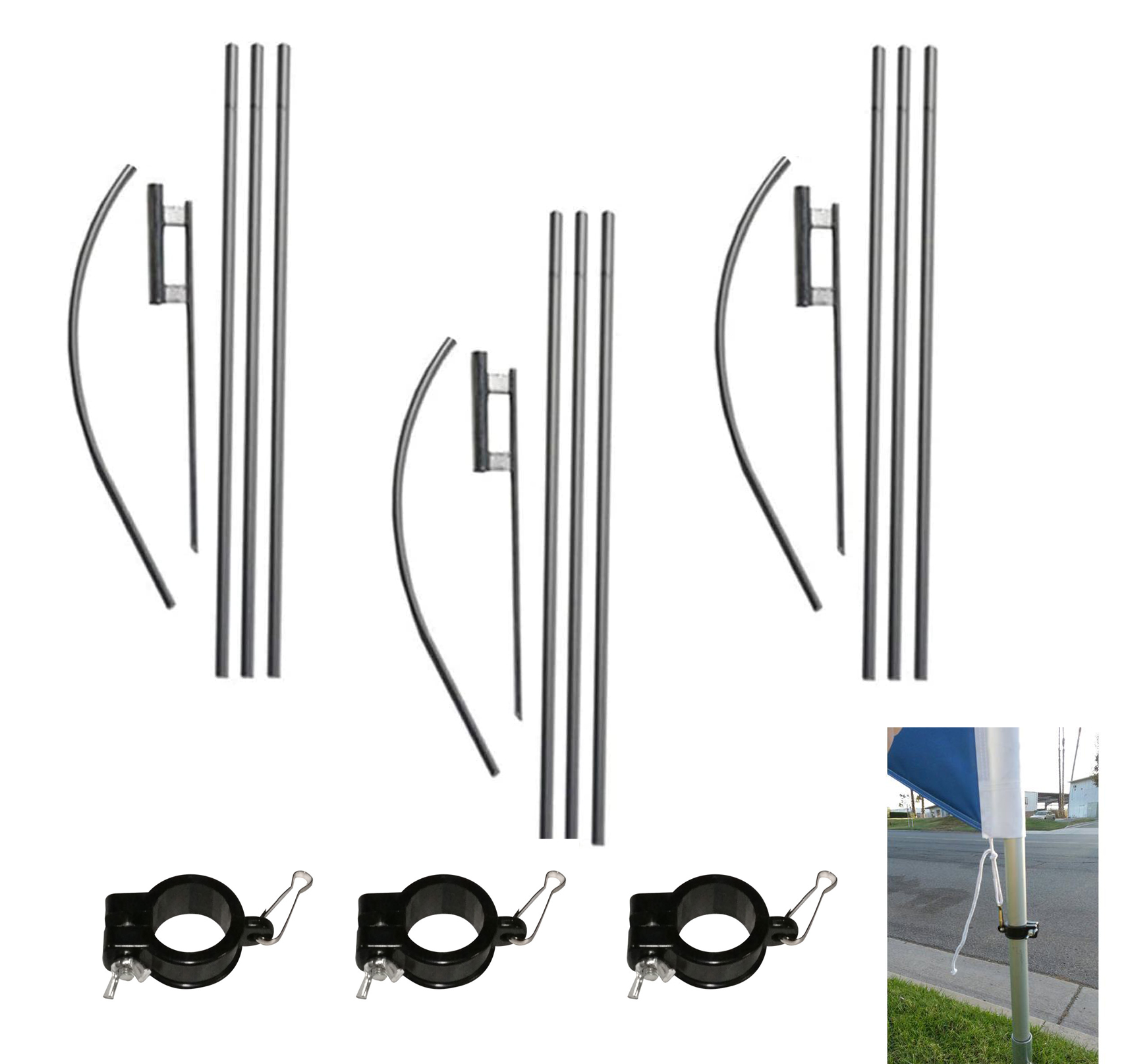 3 pack feather flag pole kits with tie down clips and ground stakes
