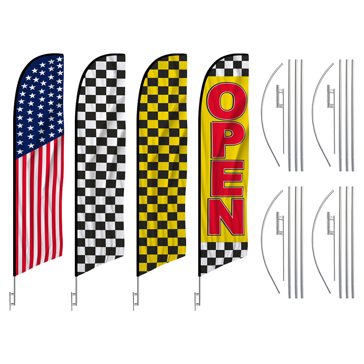 Retail Feather Flag Multi Package - Pack of 4 with Pre-Curved Poles & Ground Spike