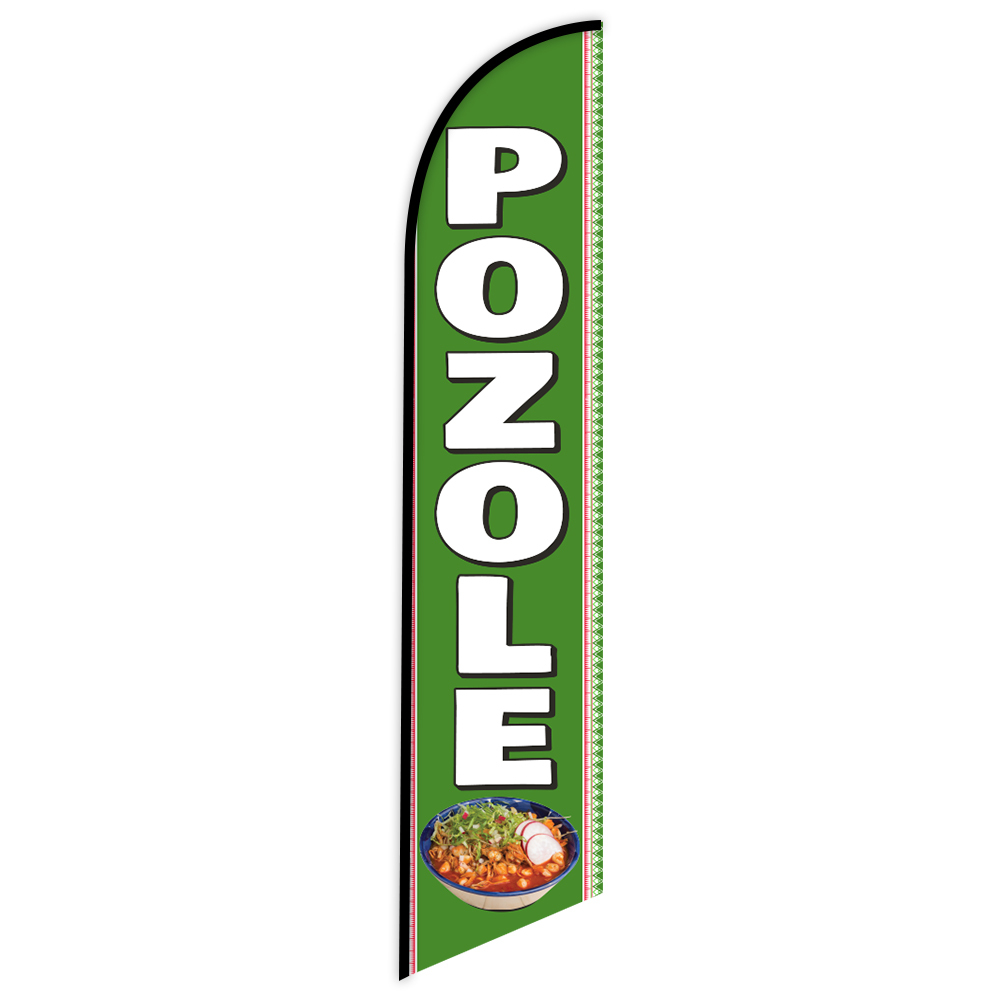 12-foot single-sided feather flag with green background and “Pozole” text featuring a bowl of pozole