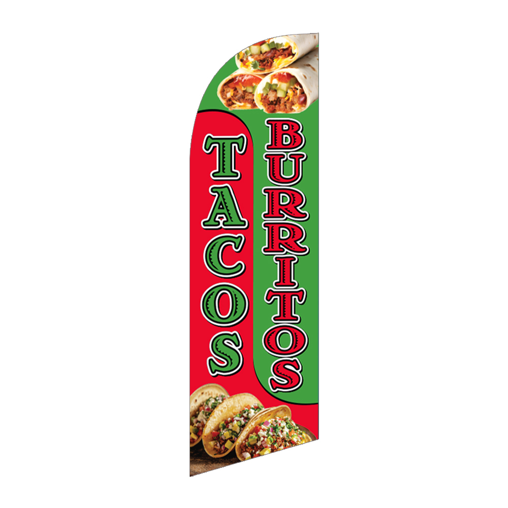 6-foot single-sided feather flag with red and green background reading “Tacos Burritos”