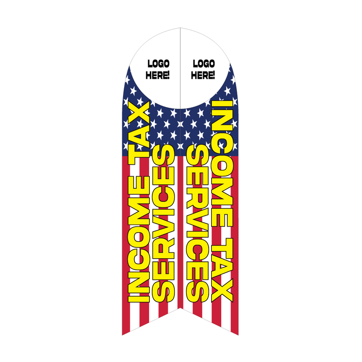 Patriotic Income Tax Services feather flag with stars-and-stripes background, bold yellow text, and space for adding your custom logo.
