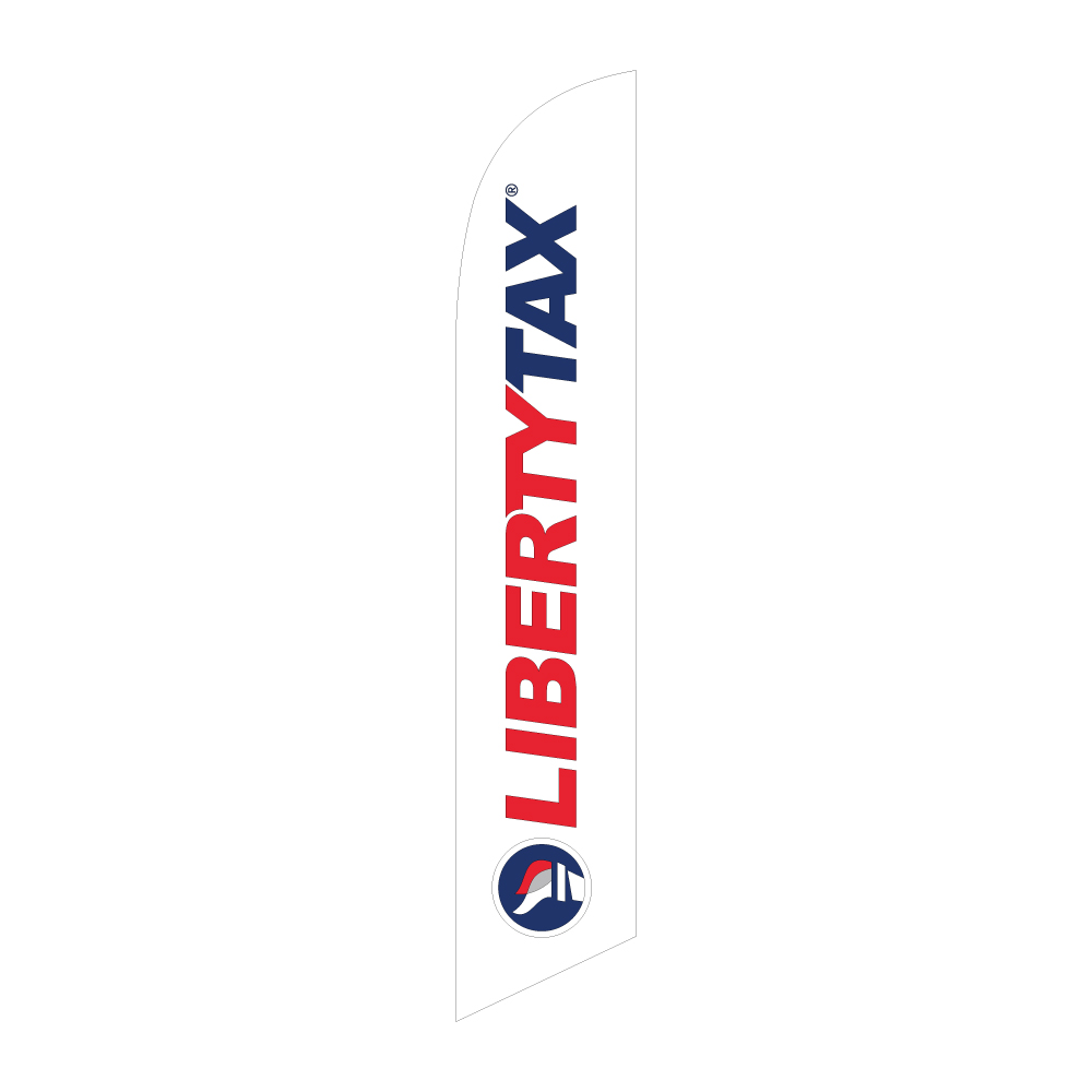 White Liberty Tax feather flag with bold blue text and logo, designed to attract attention and promote tax services.