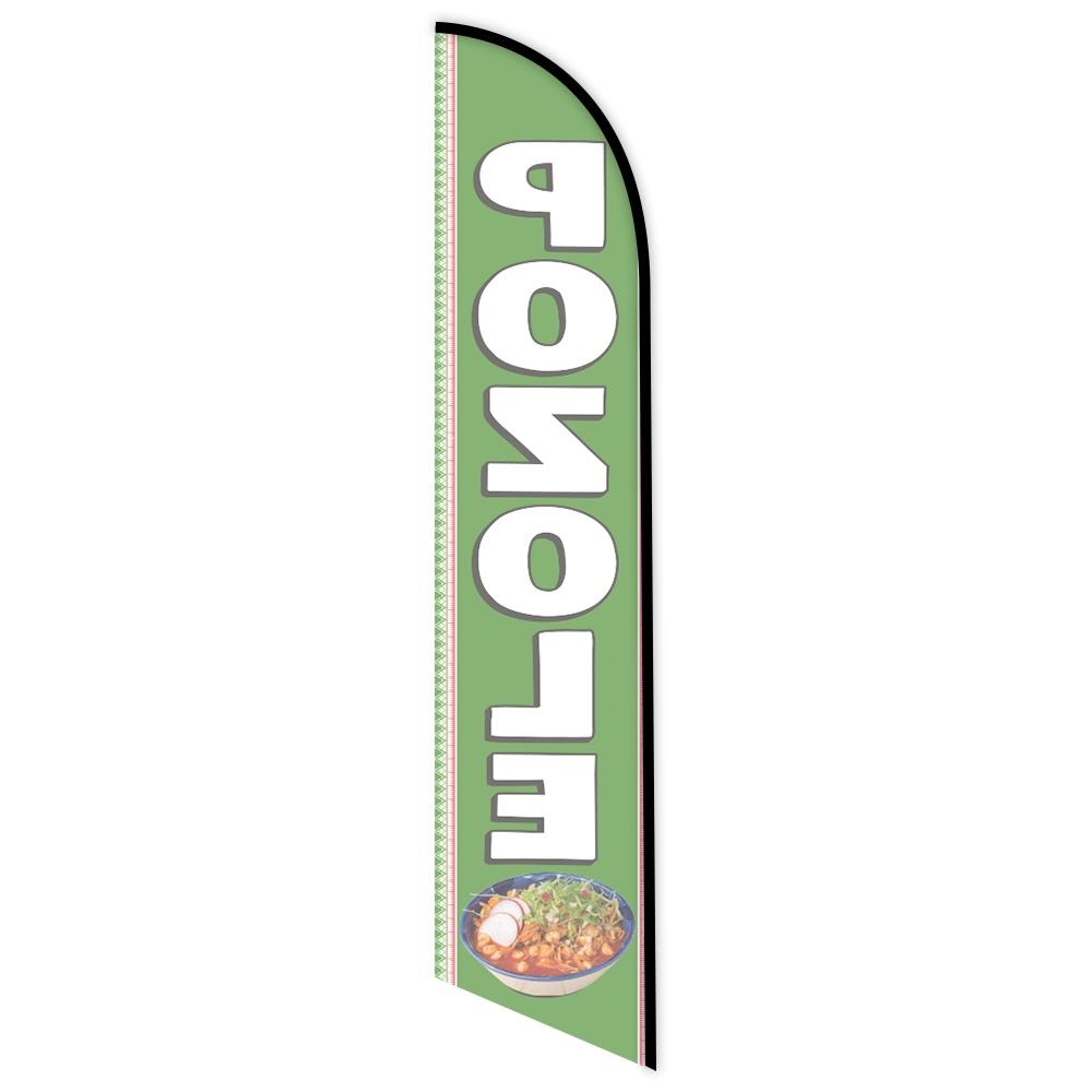 12-foot single-sided feather flag with green background and “Pozole” text featuring a bowl of pozole