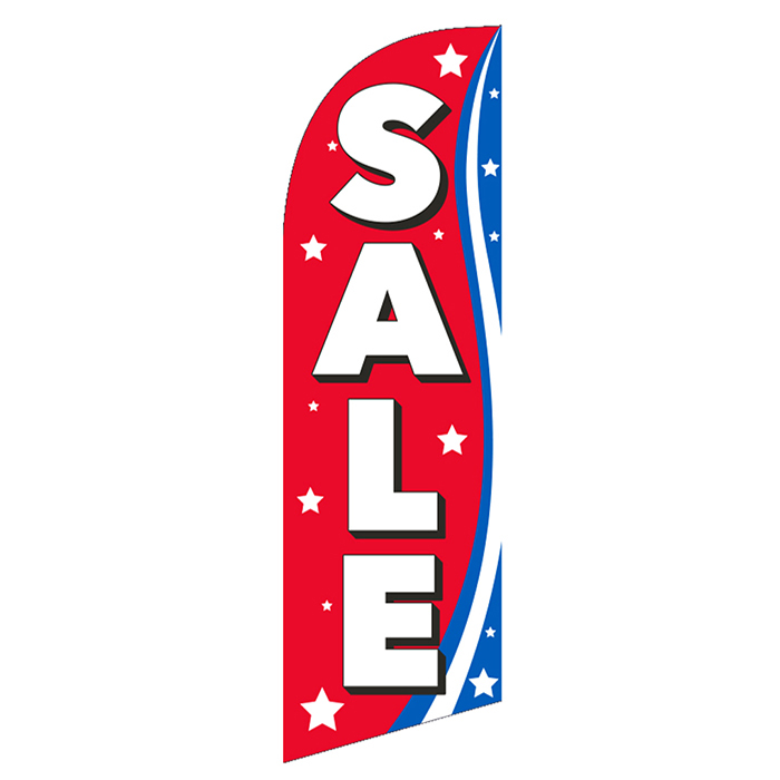Red feather flag with bold white SALE text featuring stars and a blue stripe ideal for promoting sales events and discounts.