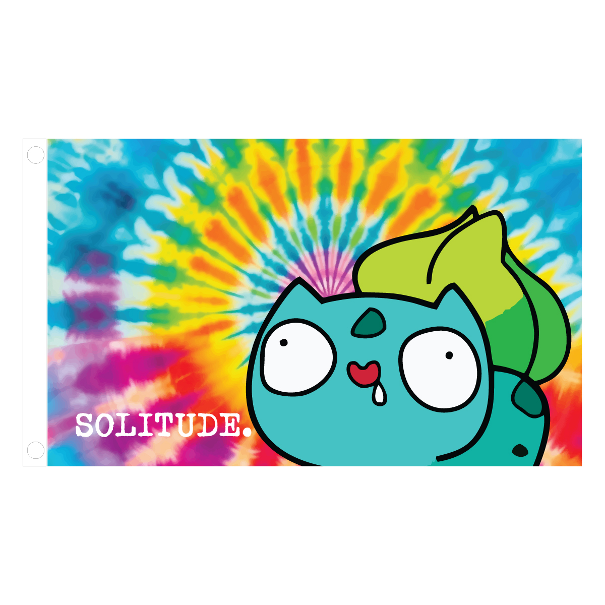 Bulbasaur Solitude Meme Flag – 3x5 ft featuring a goofy Bulbasaur with a tie-dye background and "SOLITUDE." text, perfect for meme lovers and collectors.