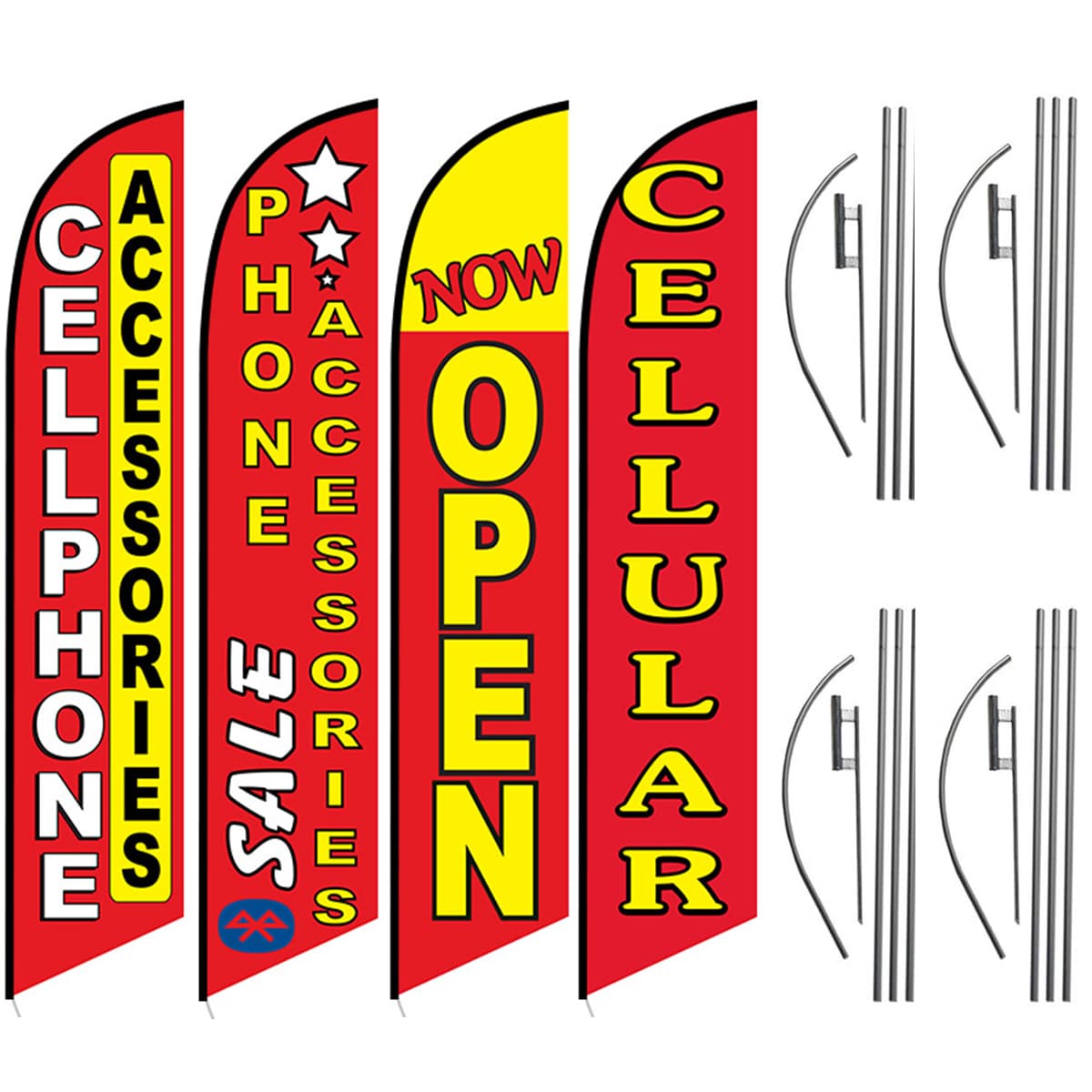 Cellular Feather Flag Package - Pack of 4 with Pre-Curved Poles & Ground Spike