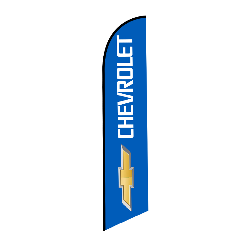 Chevrolet stock feather flag in blue with gold logo, designed for outdoor advertising and car dealership promotions.