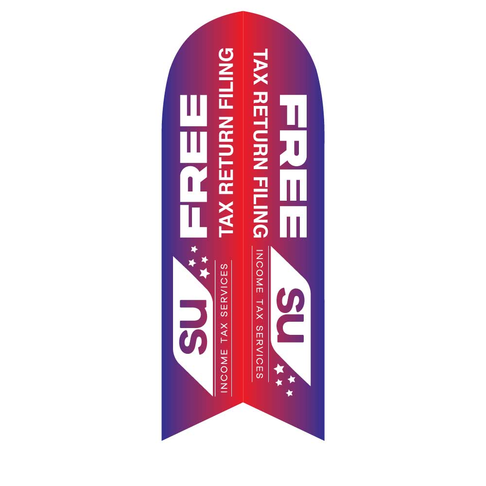 "Free Tax Return Filing" feather flag with bold red and blue gradient design and customizable text for tax services promotion.