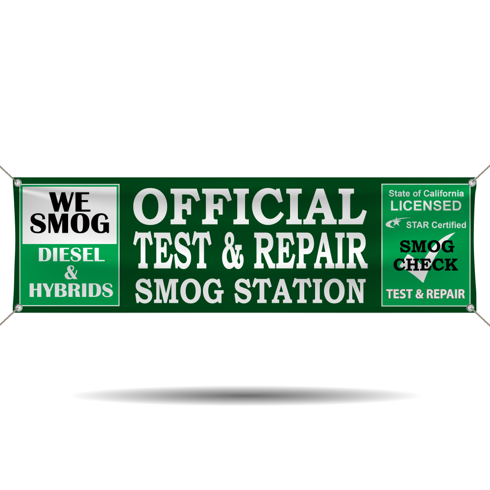 Green official test and repair smog station vinyl banner with STAR certification