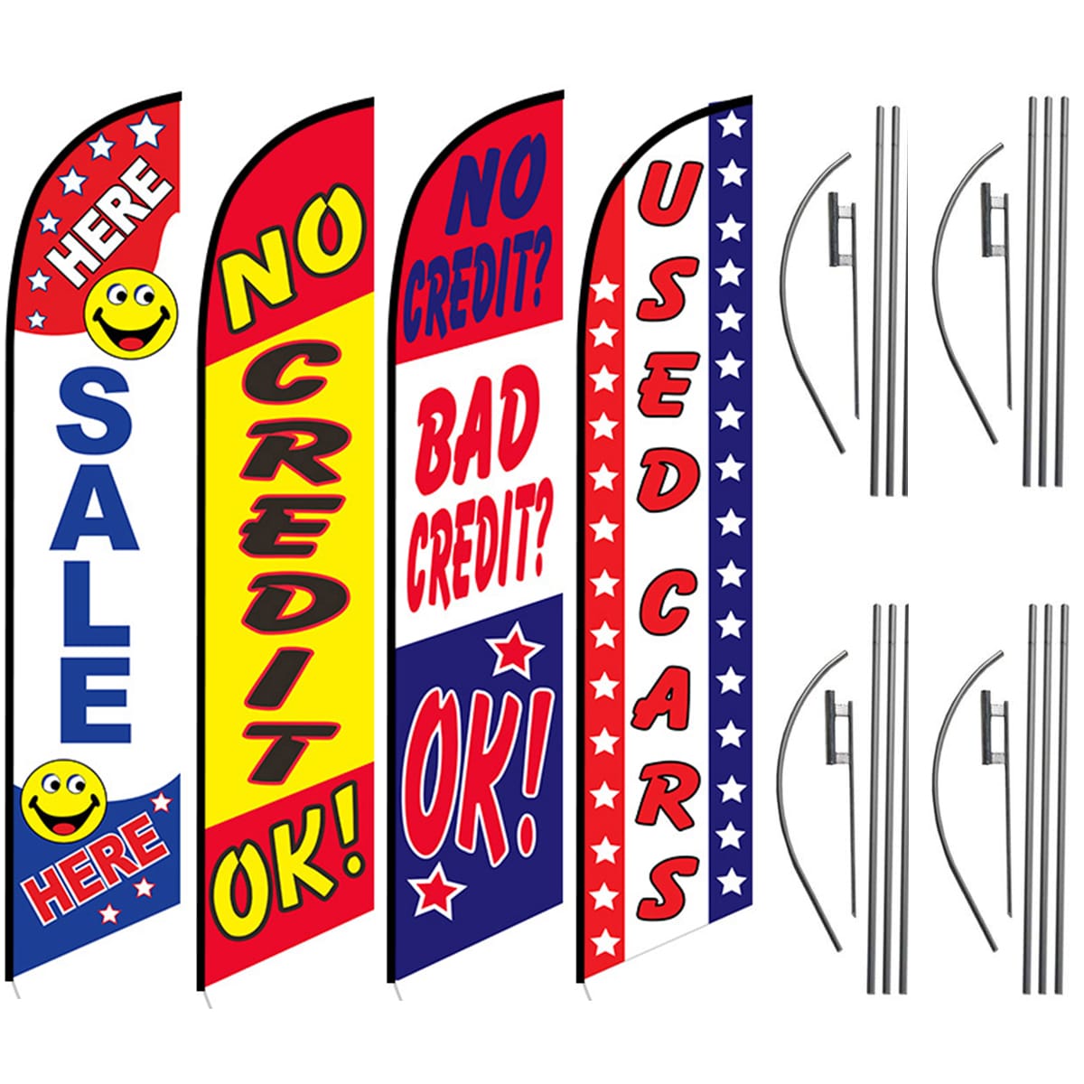 Auto Feather Flag Package - Pack of 4 with Pre-Curved Poles & Ground Spike