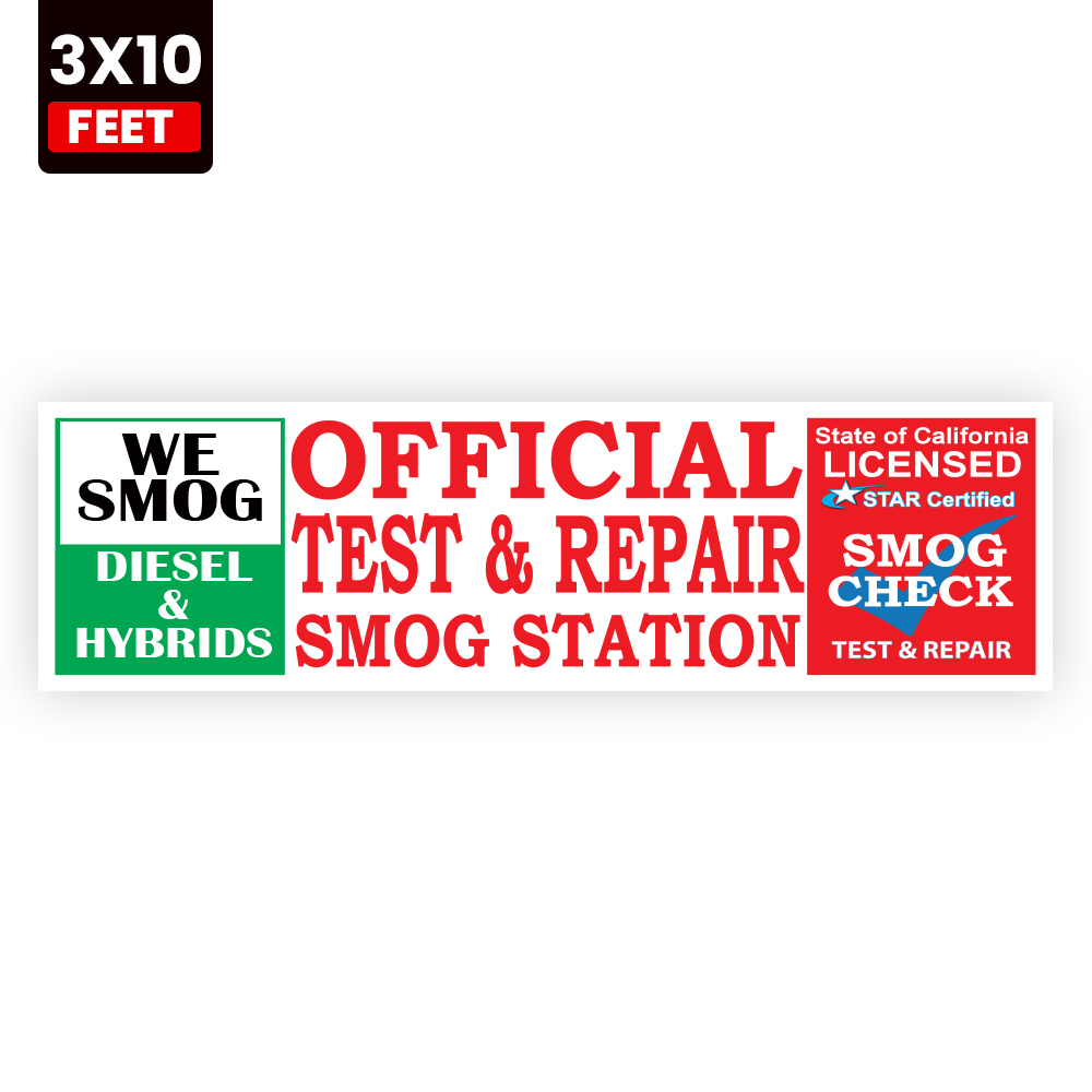 Licensed Test and Repair Smog Station 3x10 vinyl banner for California smog stations