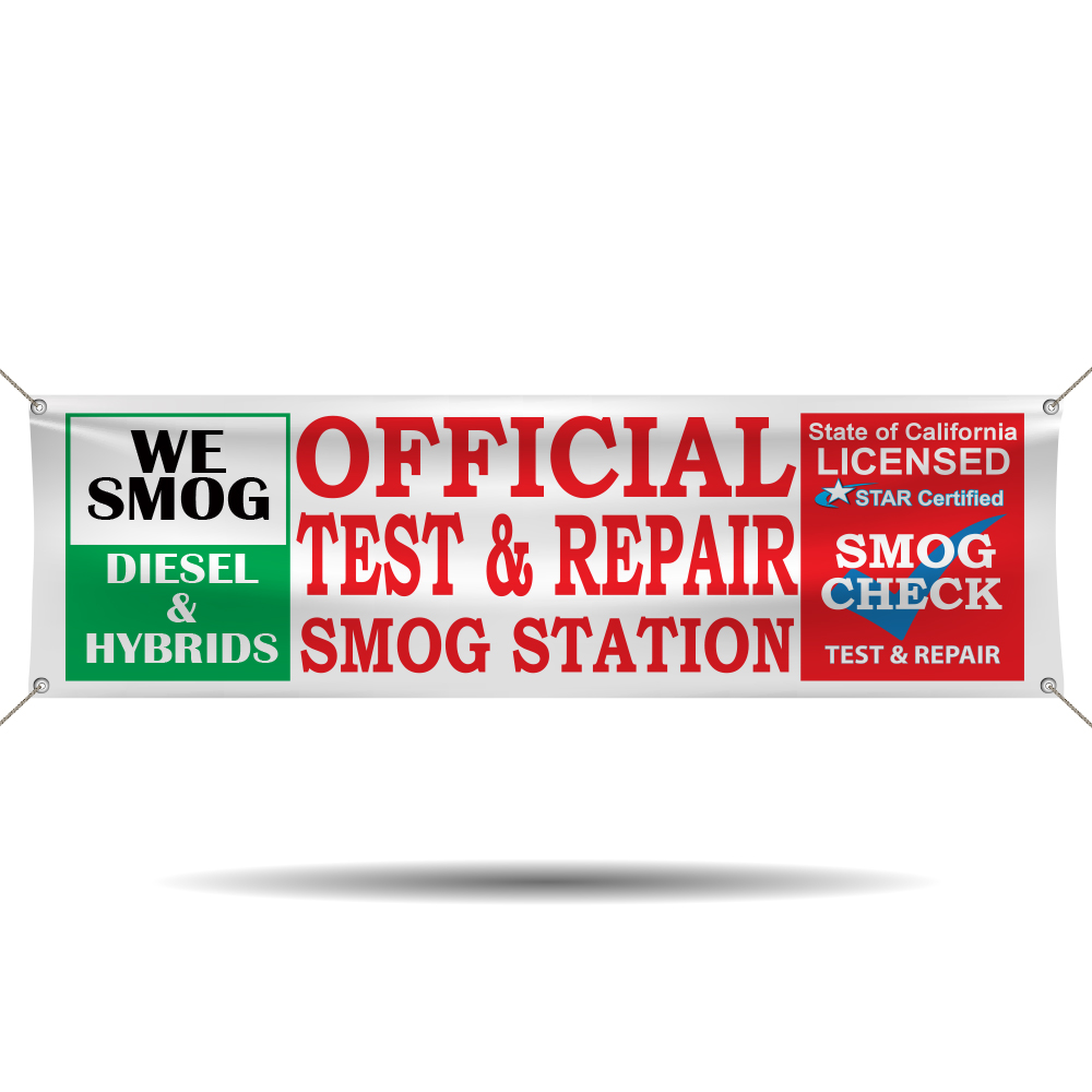 Licensed Test and Repair Smog Station vinyl banner for diesel and hybrid vehicles