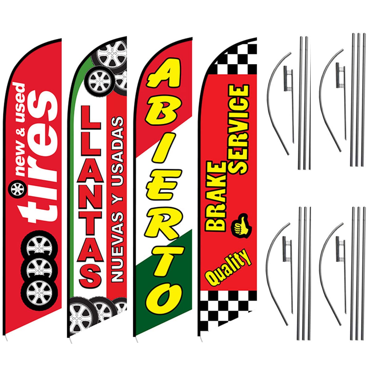 Auto Feather Flag Package - Pack of 4 with Pre-Curved Poles & Ground Spike