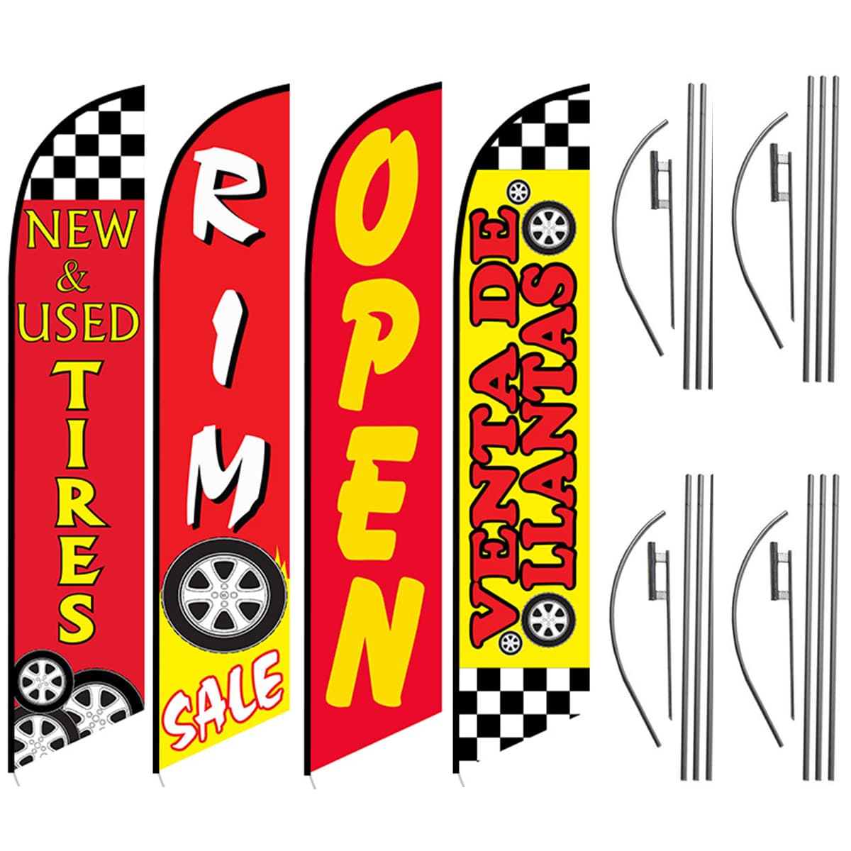 Auto Feather Flag Package - Pack of 4 with Pre-Curved Poles & Ground Spike