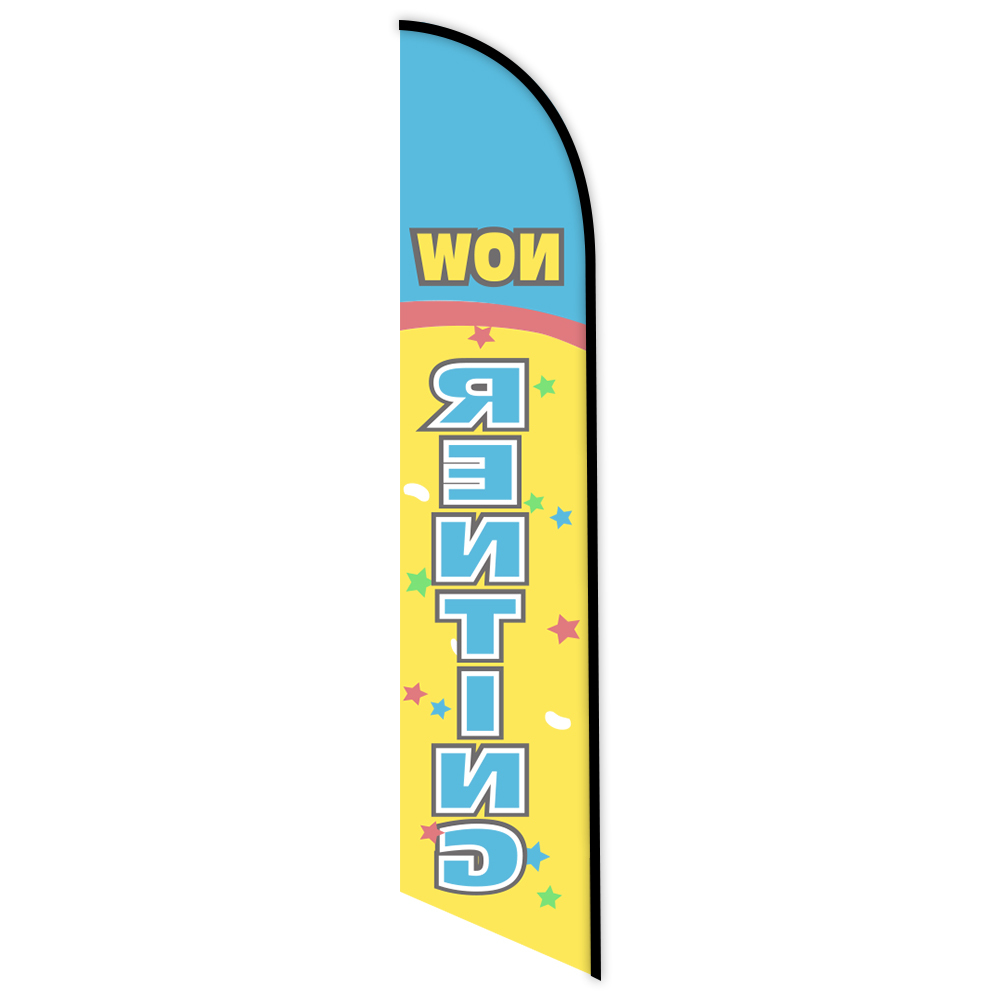 Colorful "Now Renting" feather flag with bold yellow background, blue text, and star decorations, used to advertise rental availability.