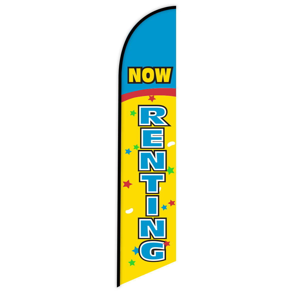 Colorful "Now Renting" feather flag with bold yellow background, blue text, and star decorations, used to advertise rental availability.
