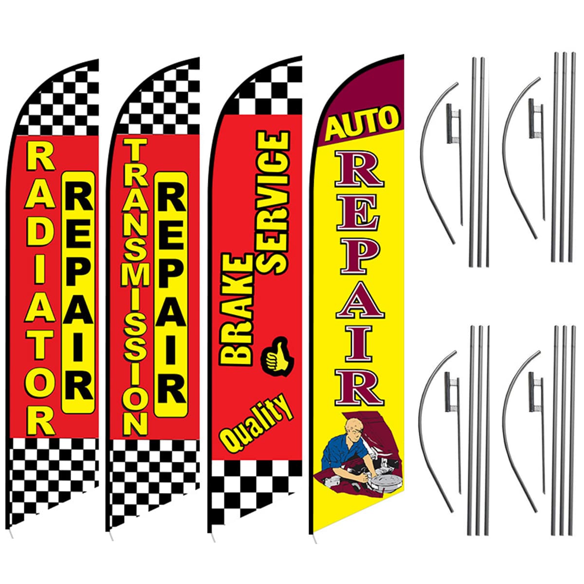 Auto Feather Flag Package - Pack of 4 with Pre-Curved Poles & Ground Spike