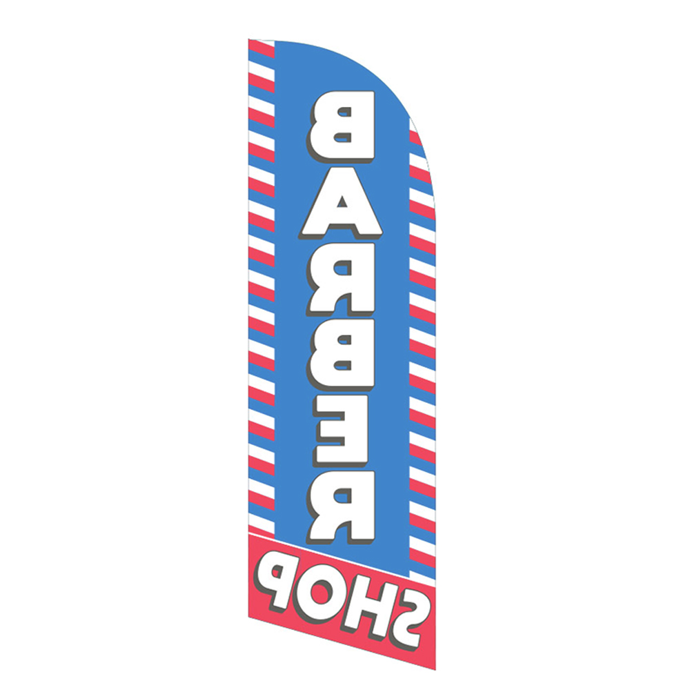 Barber shop feather flag with a blue background, white text, and red and white barber pole stripes, ideal for outdoor advertising in front of a barbershop.