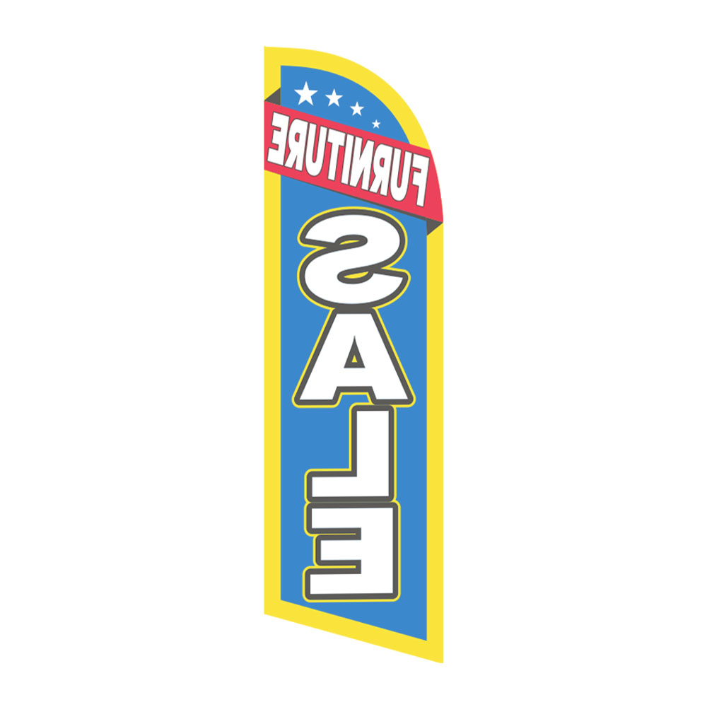 Small furniture sale feather flag with bold blue background, yellow border, red banner header and large vertical SALE text for retail stores