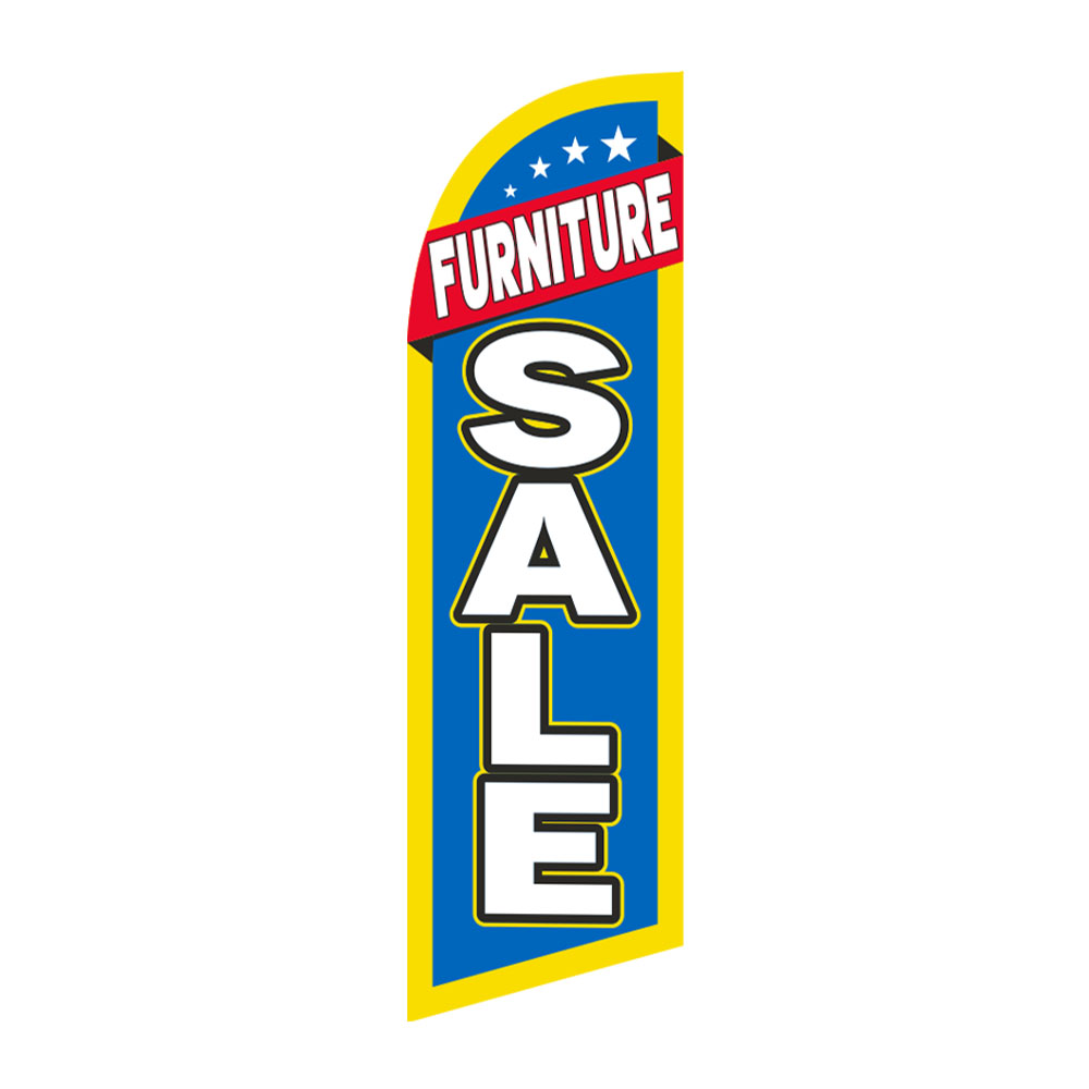 Small furniture sale feather flag with bold blue background, yellow border, red banner header and large vertical SALE text for retail stores