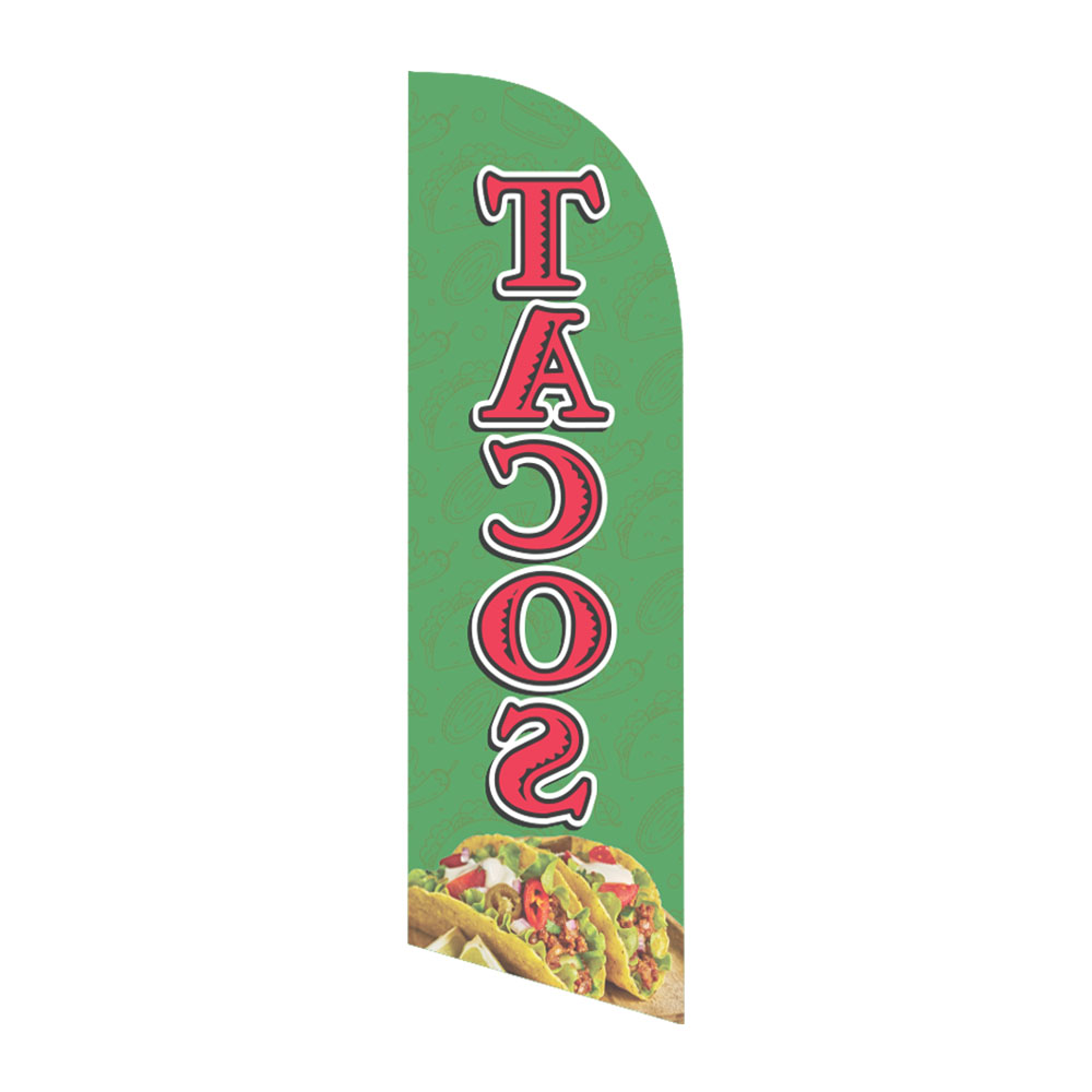 Small tacos feather flag with green background, bold red vertical lettering and taco graphic for Mexican restaurants and food trucks