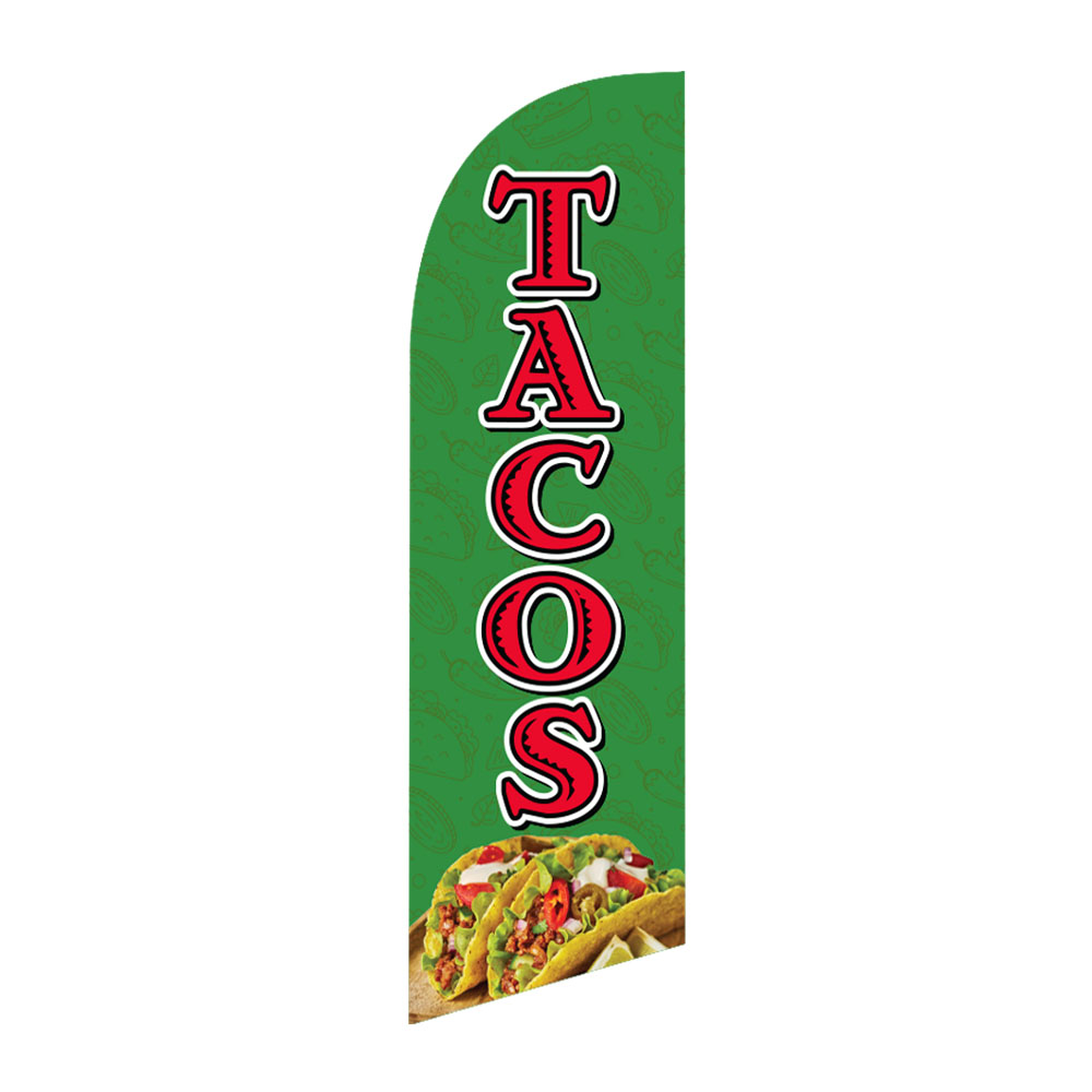 Small tacos feather flag with green background, bold red vertical lettering and taco graphic for Mexican restaurants and food trucks