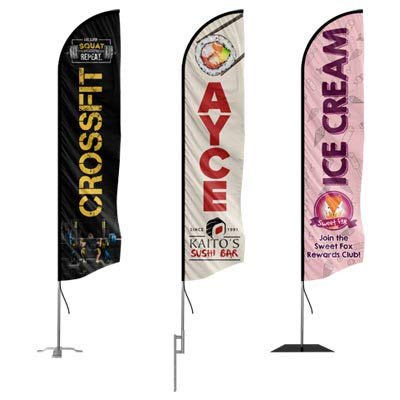 three custom feather flags with designs including crossfit and ice cream.