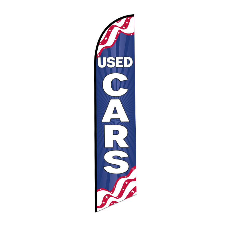 Patriotic USED CARS feather flag with blue background and red white wave design for car dealerships.