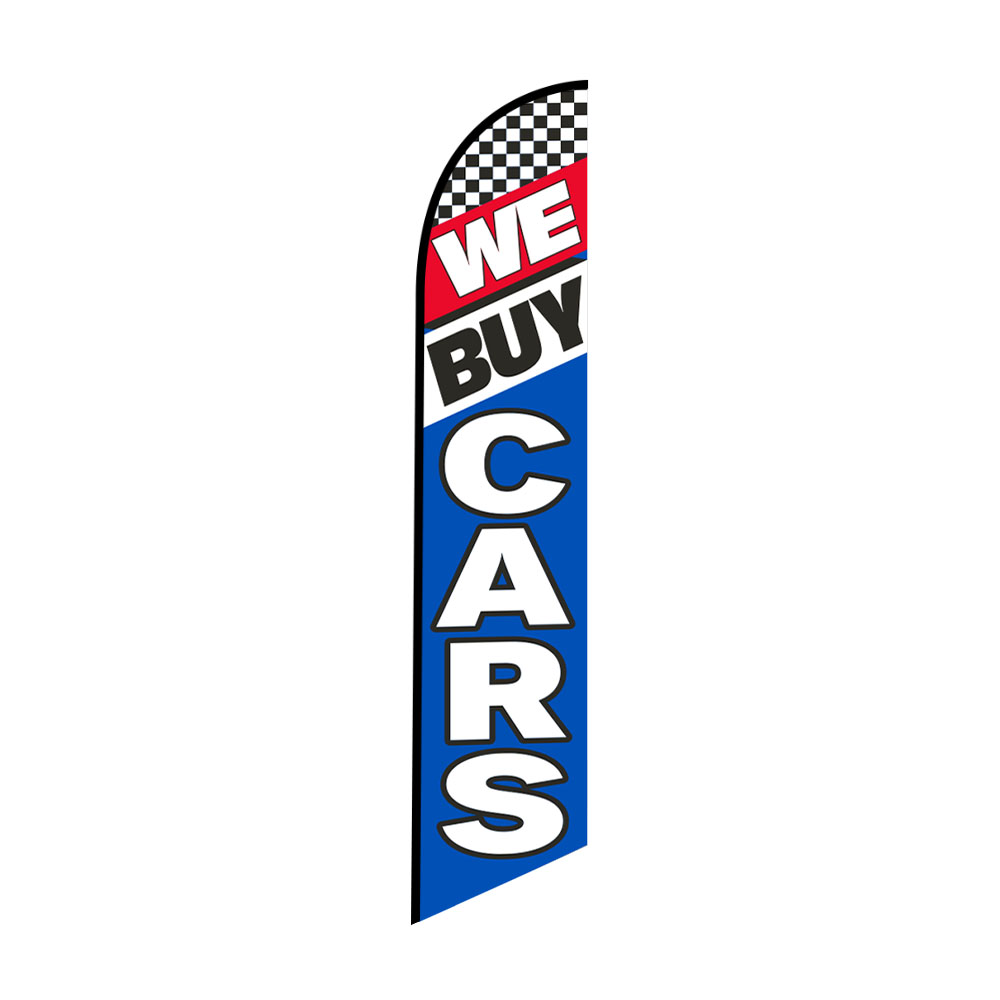 We Buy Cars feather flag with checkered racing pattern, bold red, white and blue design for auto dealerships and car buyers