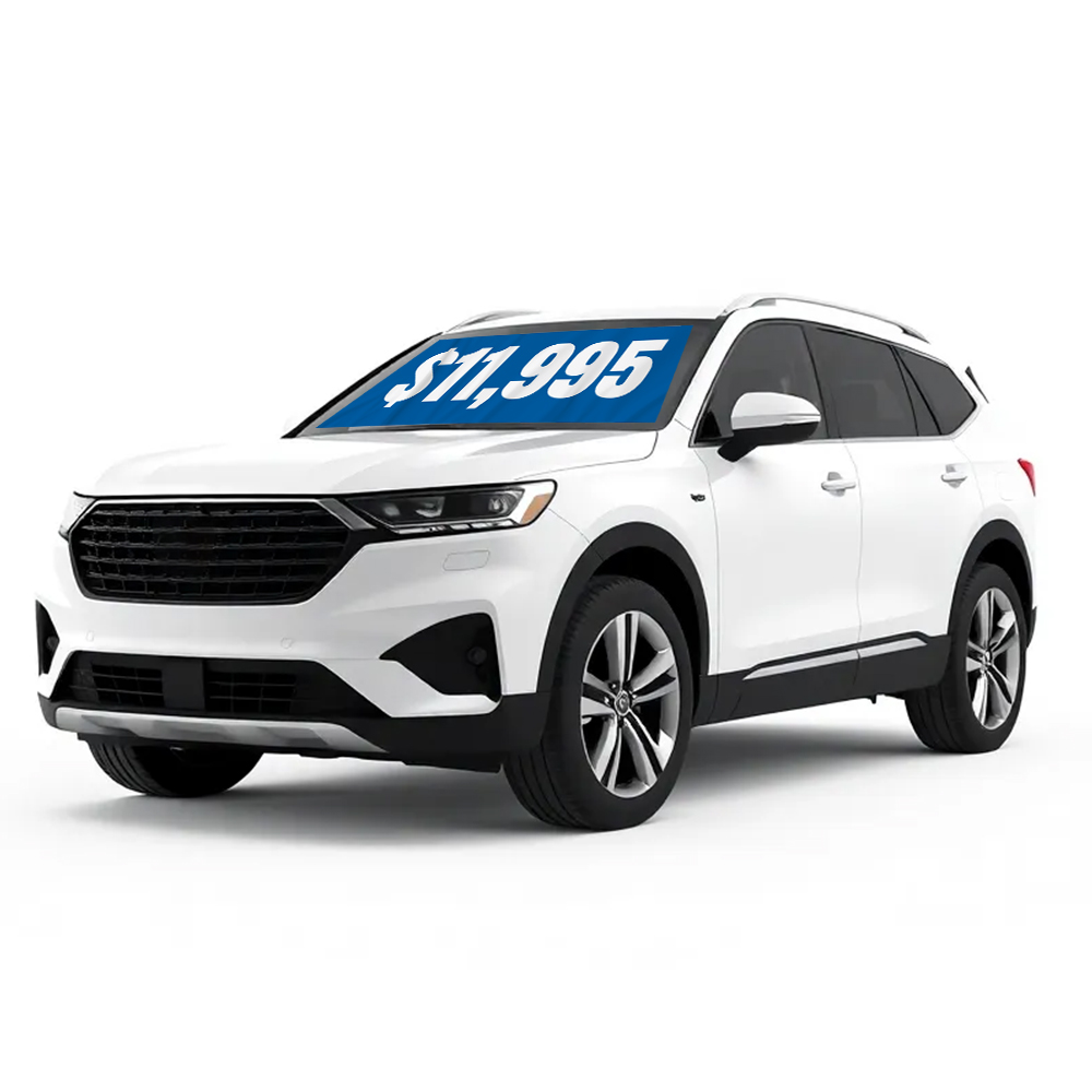 Side view of white SUV with white and blue car windshield banner displaying $11,995