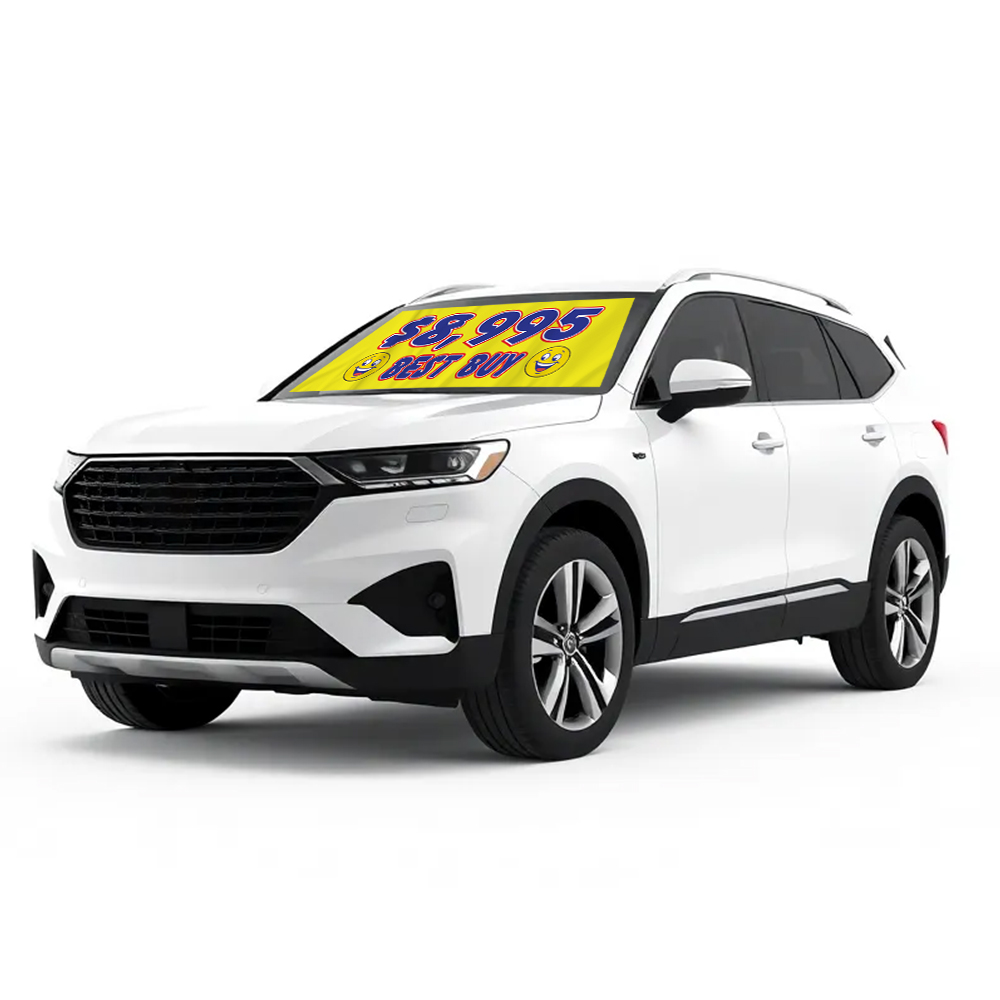 Angled view of yellow smiley car windshield banner with $8,995 BEST BUY text.