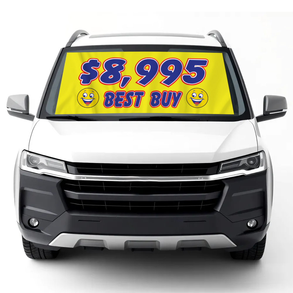 Yellow smiley car windshield banner on vehicle – $8,995 BEST BUY design.